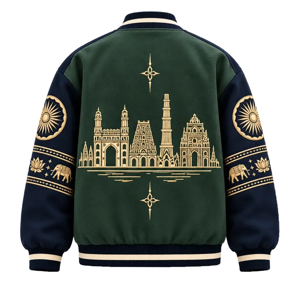 Golden Procession Jacket, back: ink-green back panel embroidered in gold with Charminar, a Dravidian temple gopuram, the Qutb Minar and a carved temple facade on one waterline