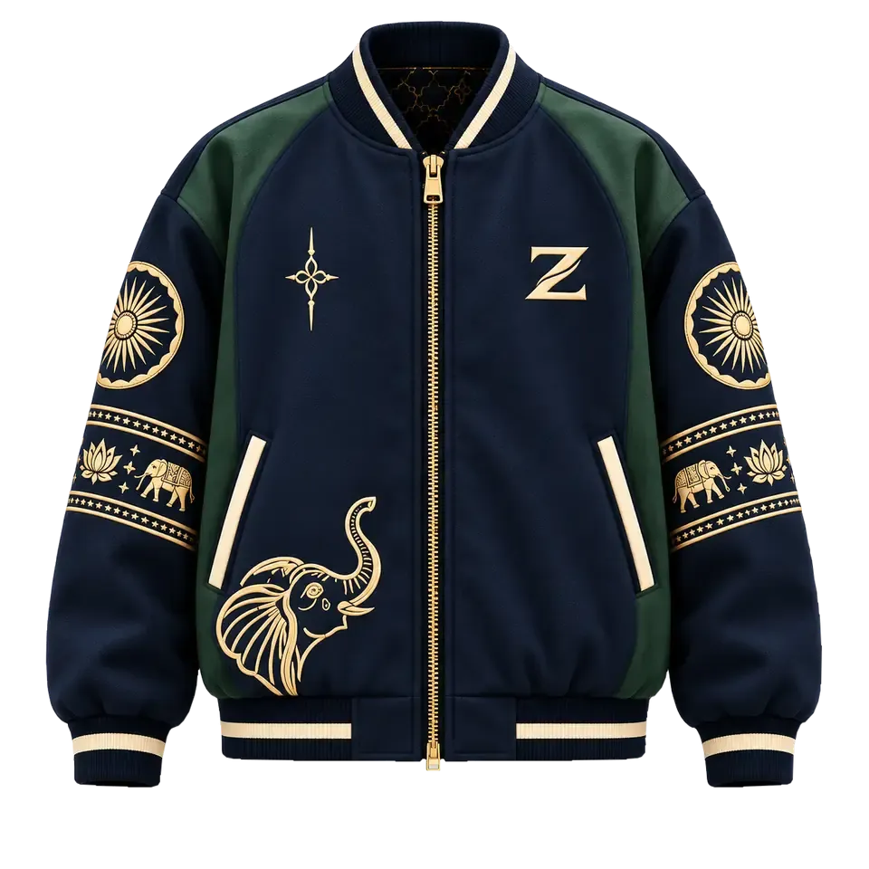 Golden Procession Jacket, front: indigo varsity jacket with ink-green panels, gold embroidered Z monogram and an elephant head worked in raised gold thread inspired by Lucknow zardozi
