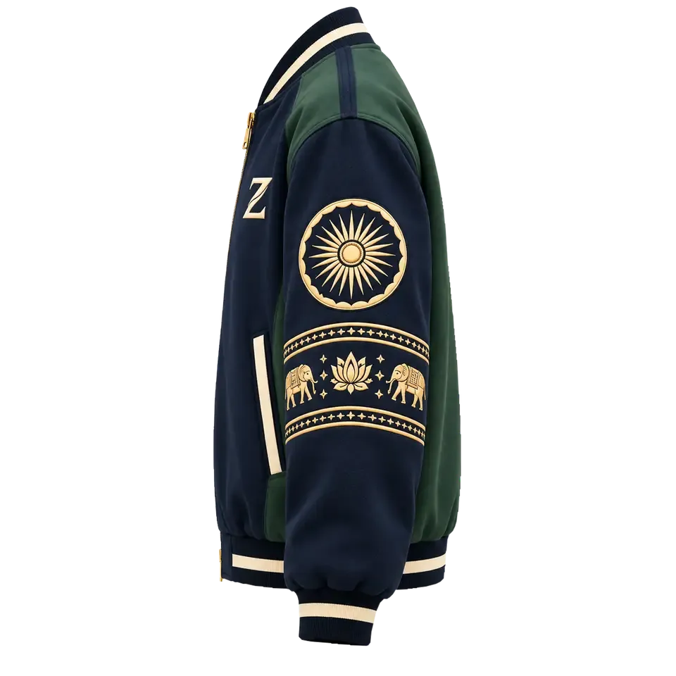 Golden Procession Jacket, left side: Z monogram at the chest and the elephant and lotus sleeve band in gold embroidery