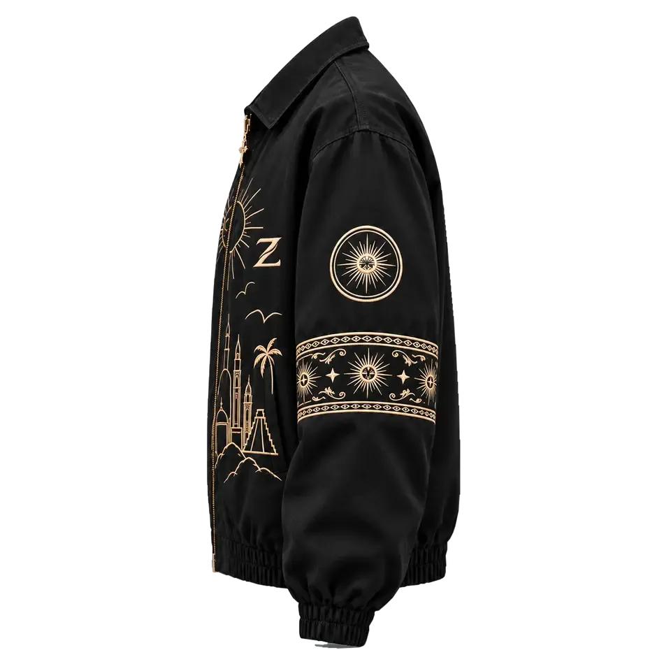 One Culture Jacket, left side: Z monogram on the chest with line-work landmarks running down the front panel